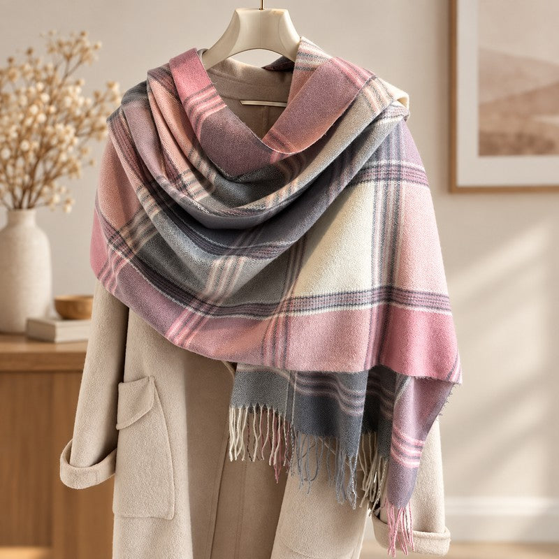 Écharpe plaid écossais rose et gris présentée sur mannequin