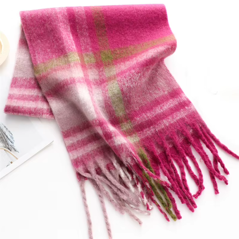 Echarpe Plaid Tartan Fuchsia et Vert Olive posée