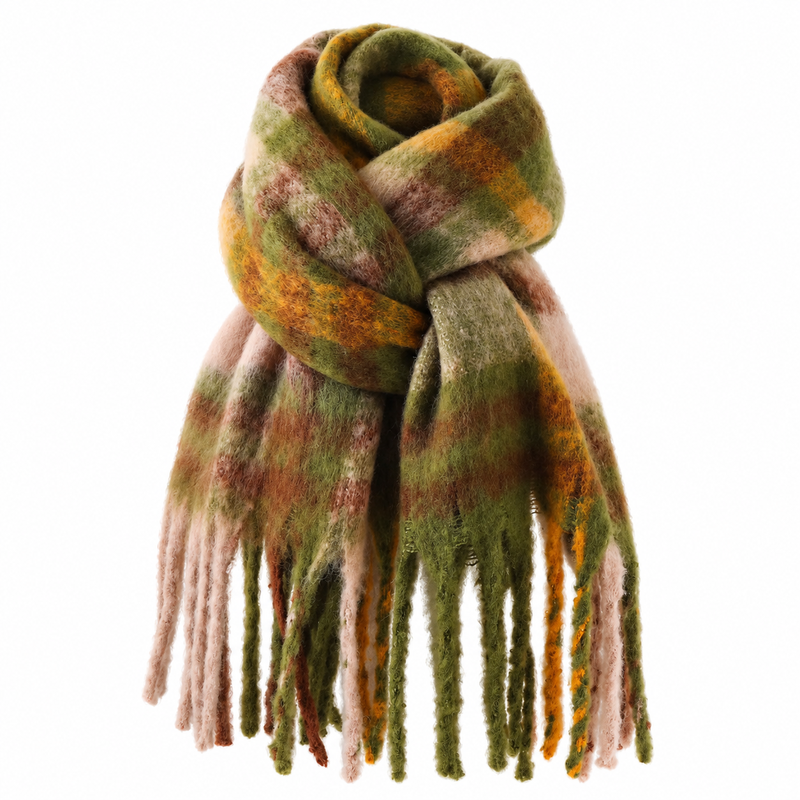Echarpe Plaid Tartan Vert Olive et Jaune Moutarde 220X52cm