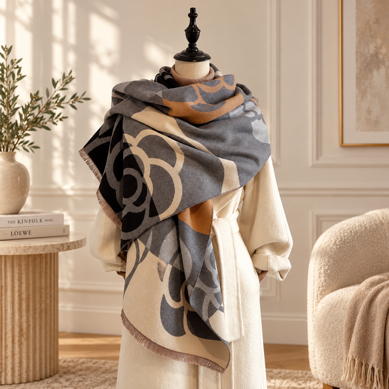 Etole à Motif Camélia Géométrique Beige et Marron posée