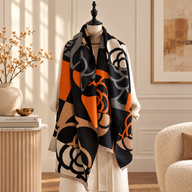 Etole à Motif Camélia Géométrique Beige et Orange posée