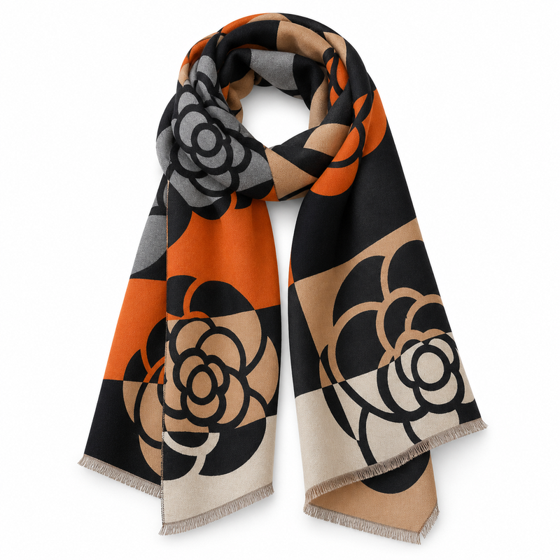 Etole à Motif Camélia Géométrique Beige et Orange 185*65cm