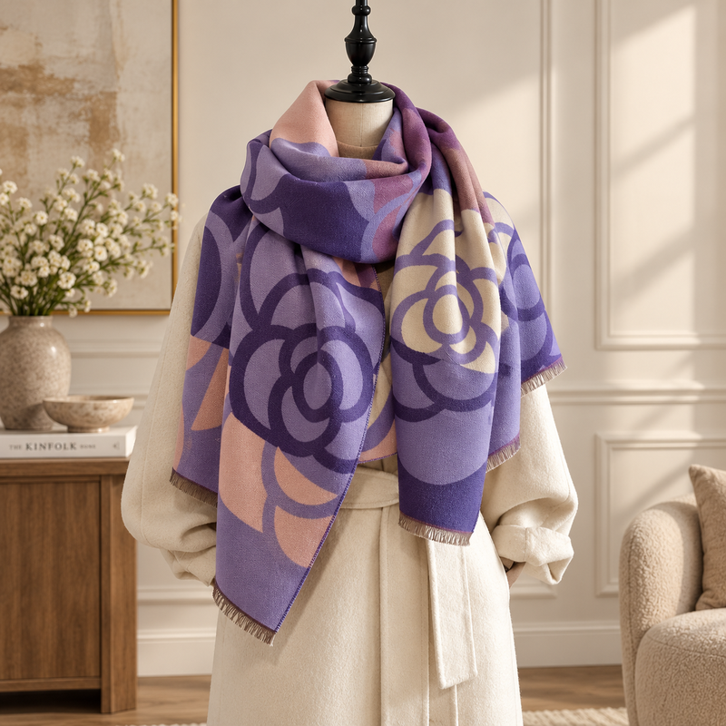 Etole à Motif Camélia Géométrique Lavande et Beige posée