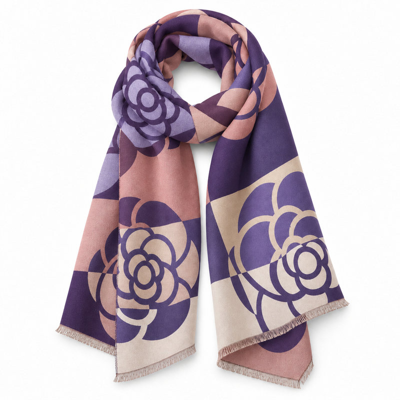 Etole à Motif Camélia Géométrique Lavande et Beige 185*65cm