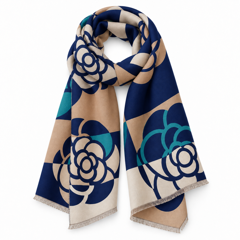 Etole à Motif Camélia Géométrique Marine et Beige 185*65cm