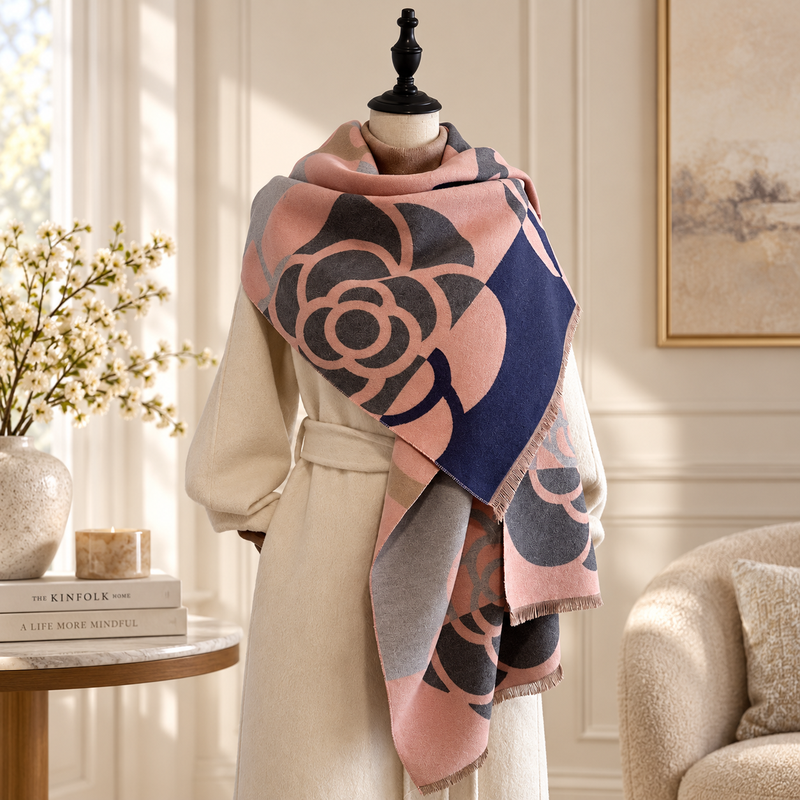Etole à Motif Camélia Géométrique Rose et Marine posée