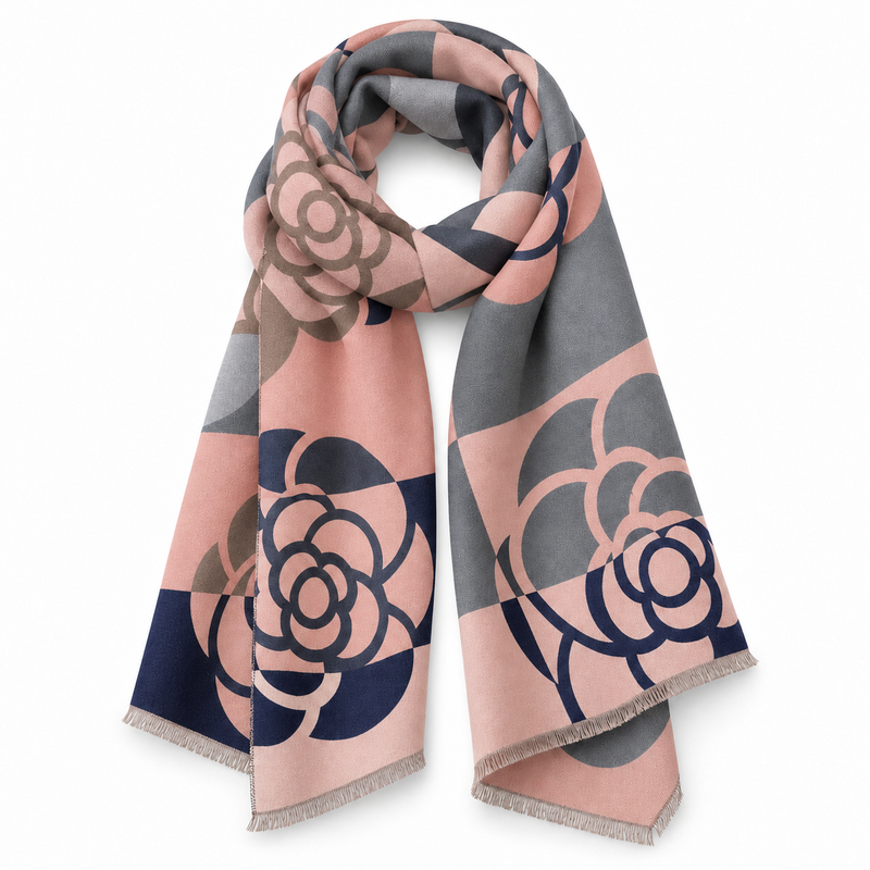 Etole à Motif Camélia Géométrique Rose et Marine 185*65cm