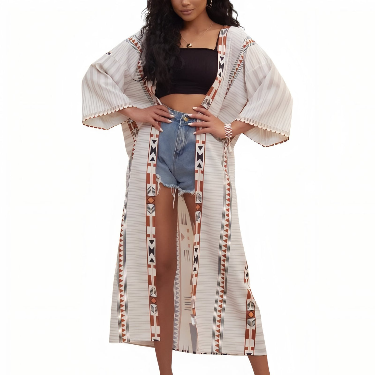 Kimono de Plage Vintage Ethnique - Beige - Unique