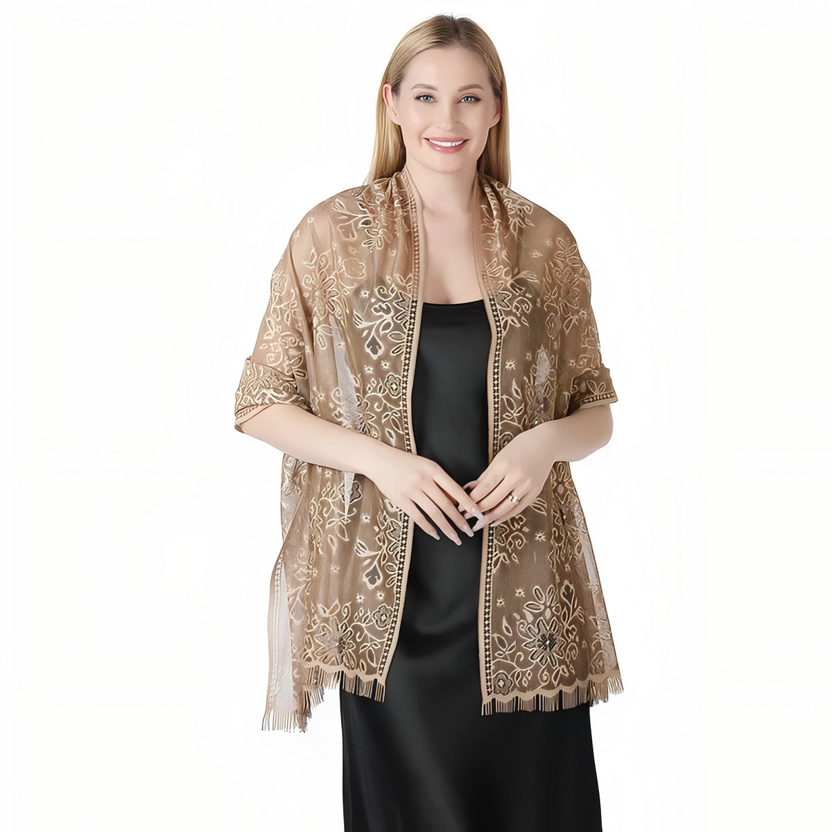 Etole de Soirée Femme portée sur une robe - Doré - Lavande - Rose - Ivoire - Rose Poudré - Beige Doré - Vert Sauge - Blanc - Noir - Taupe - Beige et Doré - Bleu Marine - Violet Foncé