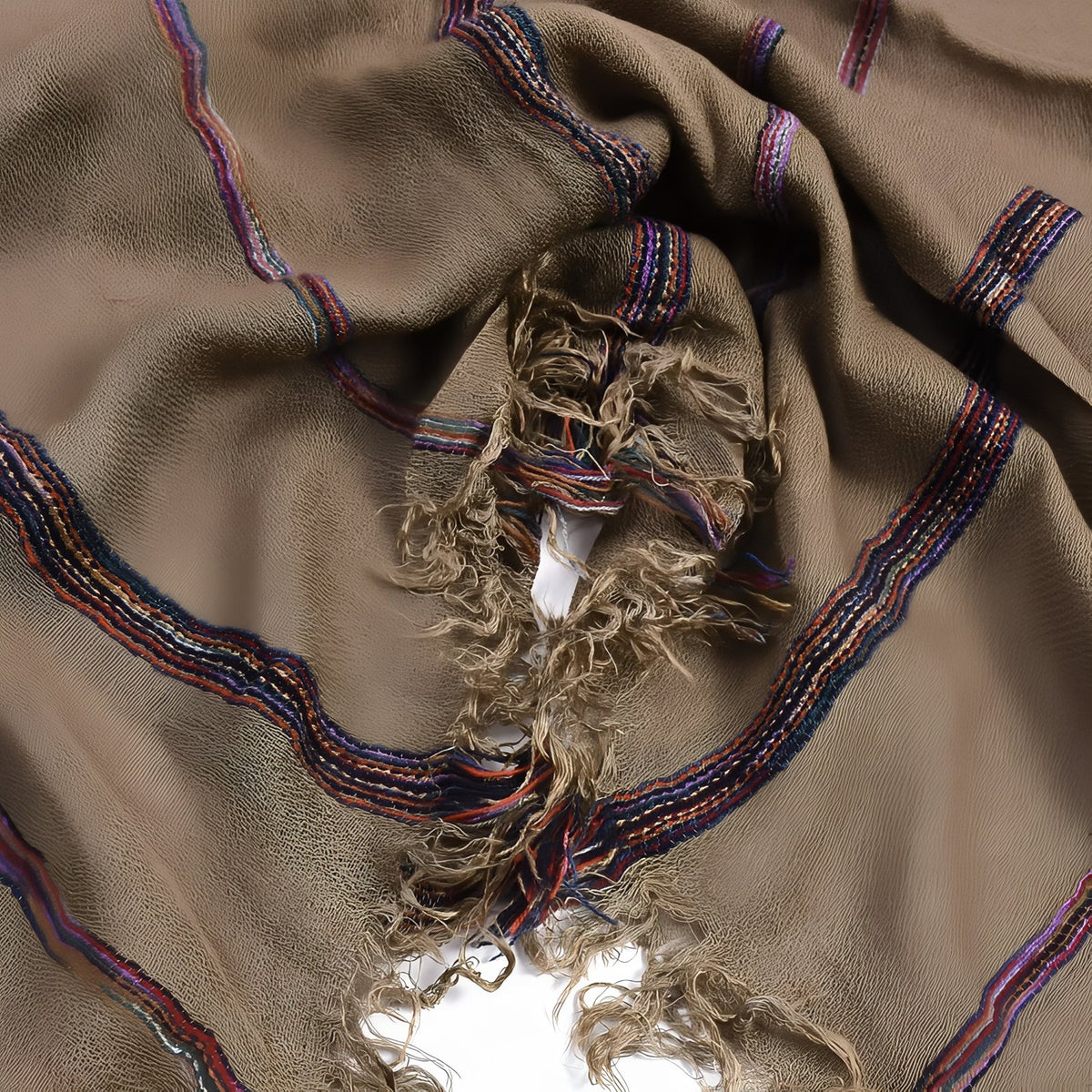 Chèche Coton de Lin détail franges et motifs - Beige et Marron - Noir et Violet - Bordeaux et Prune - Rose Poudré - Vert Foncé et Multicolore - Bleu Marine et Multicolore