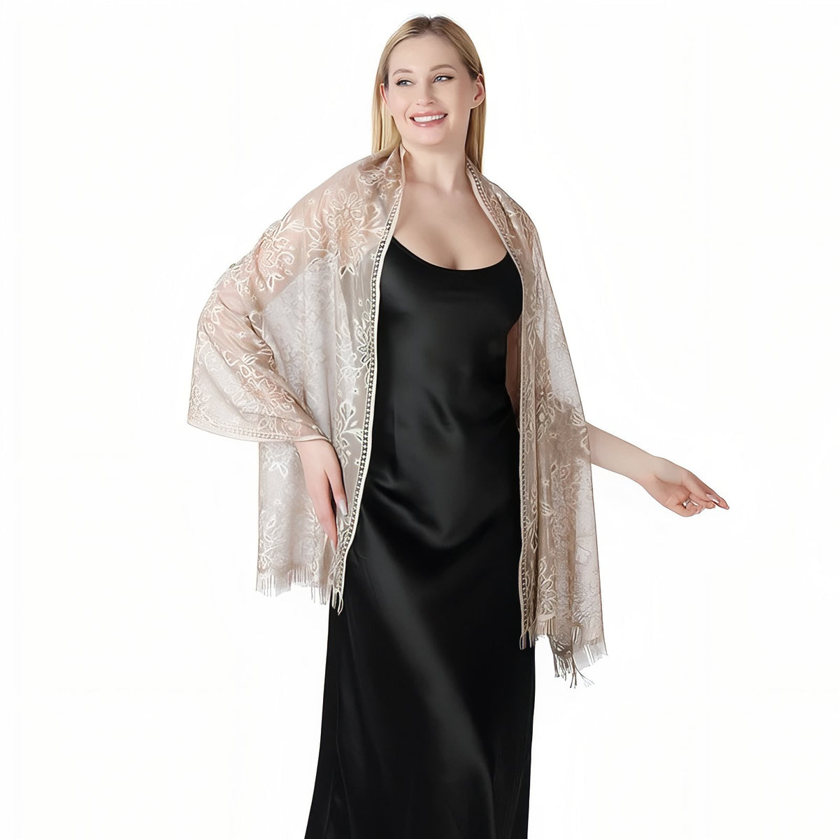 Etole de Soirée Femme portée sur une robe - Doré - Lavande - Rose - Ivoire - Rose Poudré - Beige Doré - Vert Sauge - Blanc - Noir - Taupe - Beige et Doré - Bleu Marine - Violet Foncé