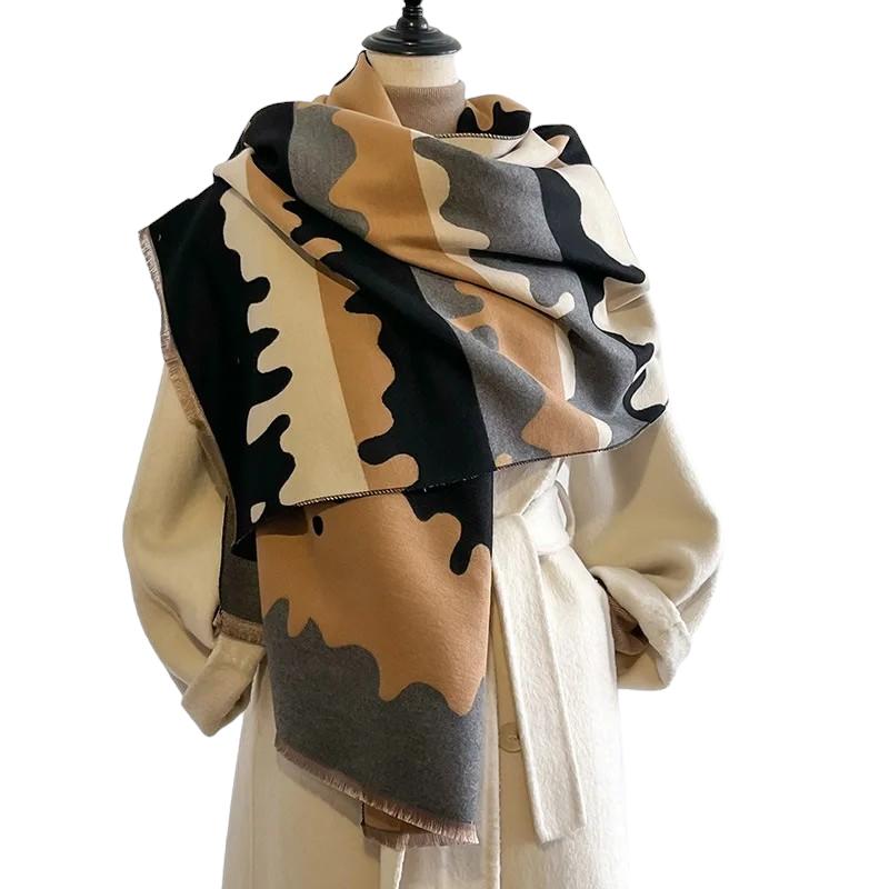 Grande Echarpe Plaid Femme Beige et Noir 65*185cm