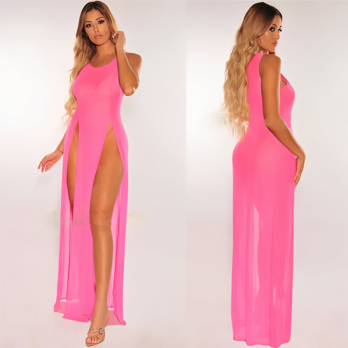 Robe de Plage Fendue Transparente portée sur modèle - Fuchsia - Blanc - Orange - Noir