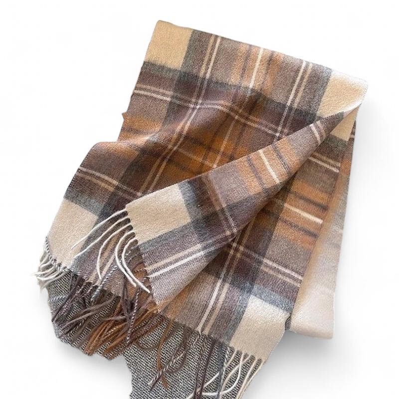 Echarpe en Laine à Franges Marron et Beige 188*32cm
