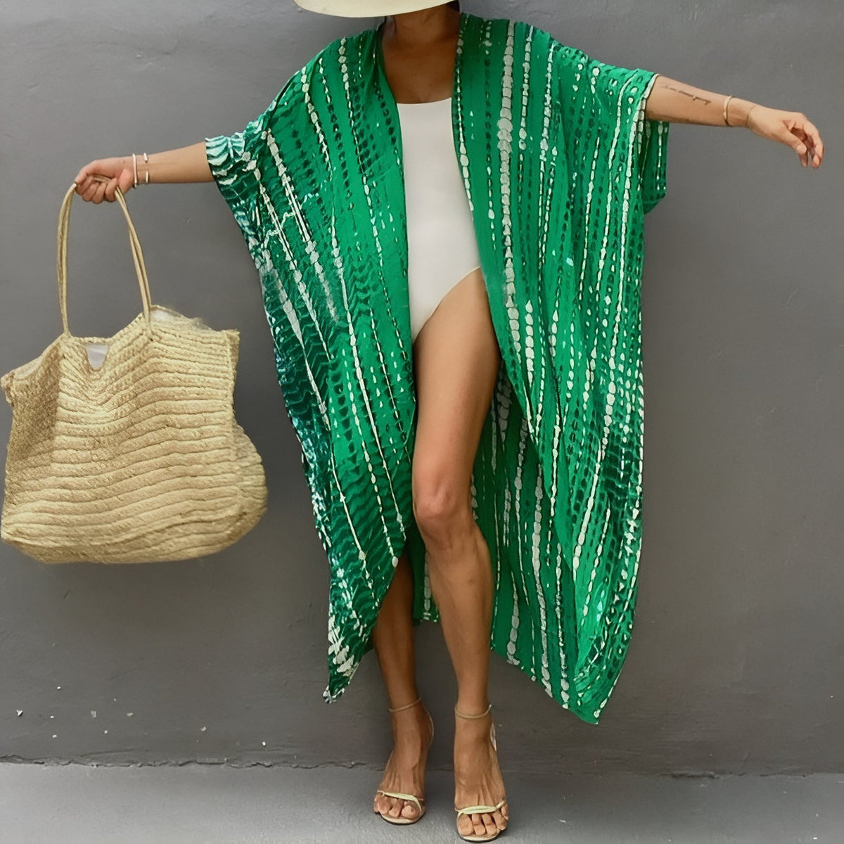 Kimono de plage Imprimé Ligné - Vert Intense - Unique