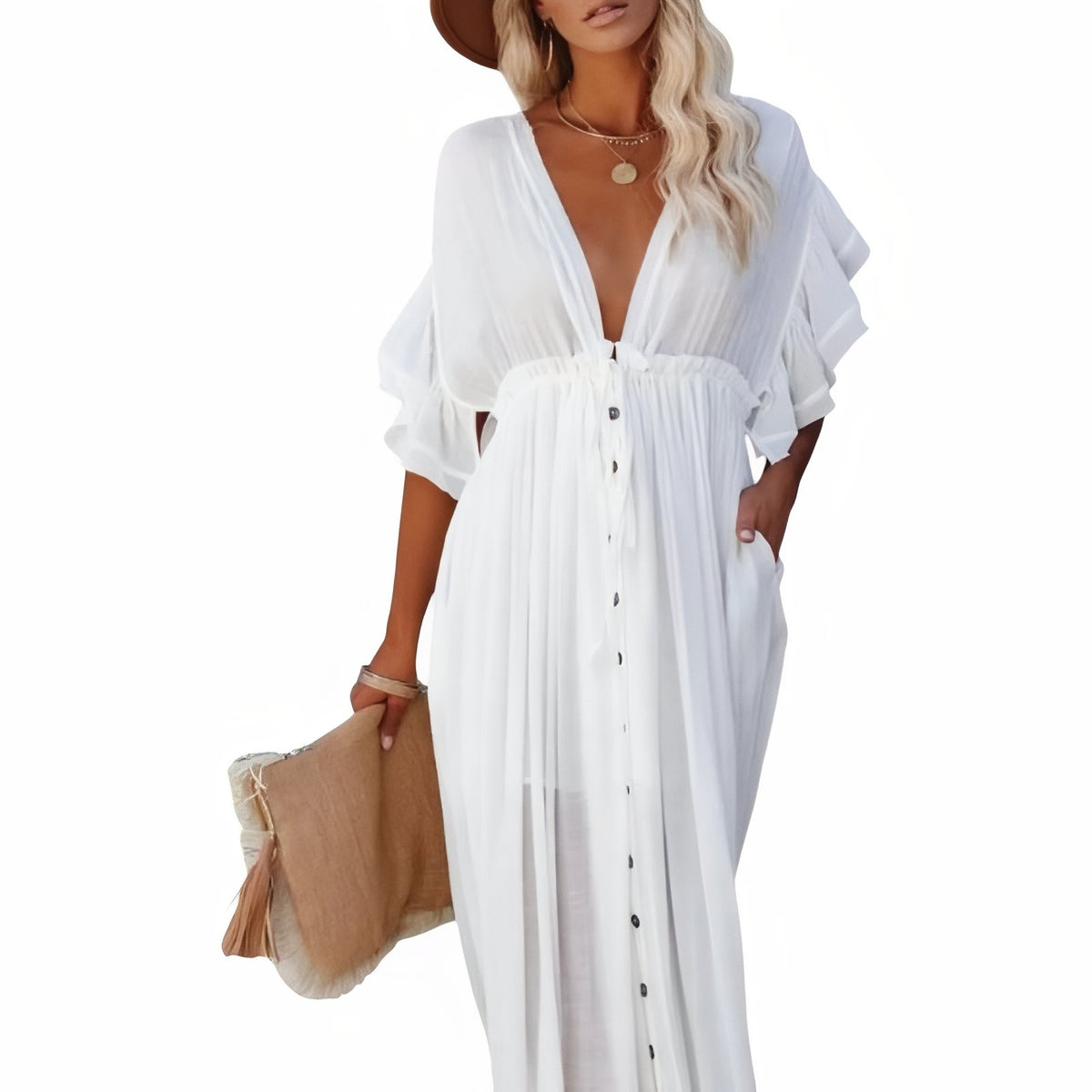 Robe de Plage Style Oversize - Blanc - Unique