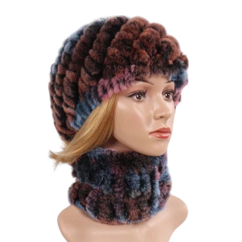 Parure Snood et Bonnet Femme Brun et Bleu Foncé 