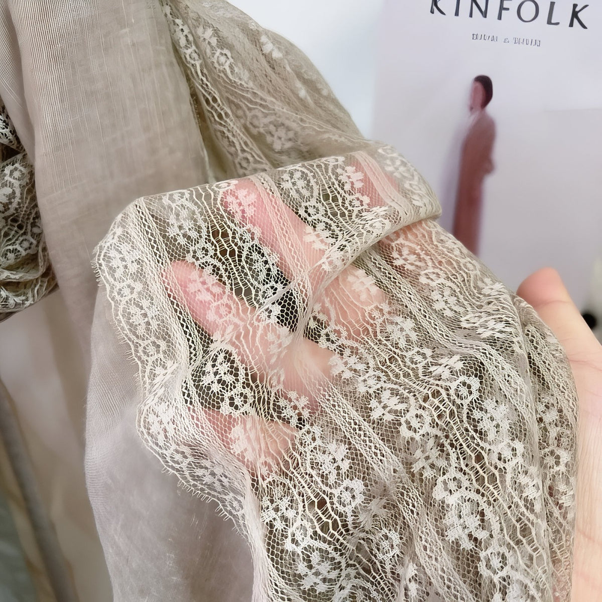 Chèche avec Dentelle gros plan dentelle - Beige Rosé - Violet Poudré - Bleu Ciel - Taupe - Gris Foncé - Beige