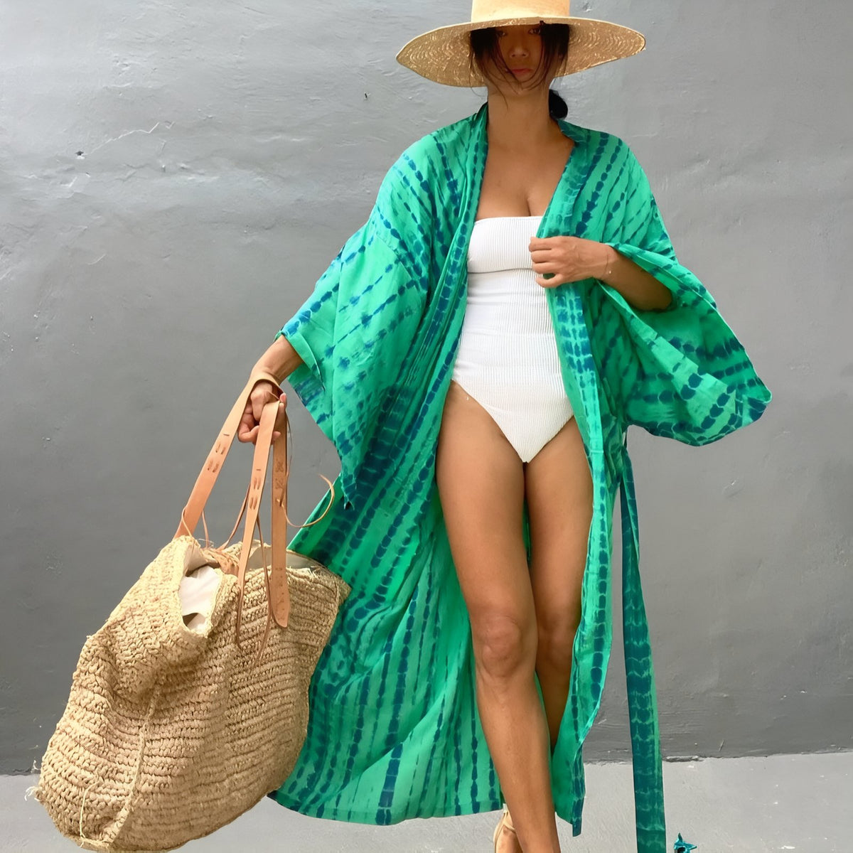 Kimono de Plage Tie and Dye Manches Longues - Vert Emeraude - Unique