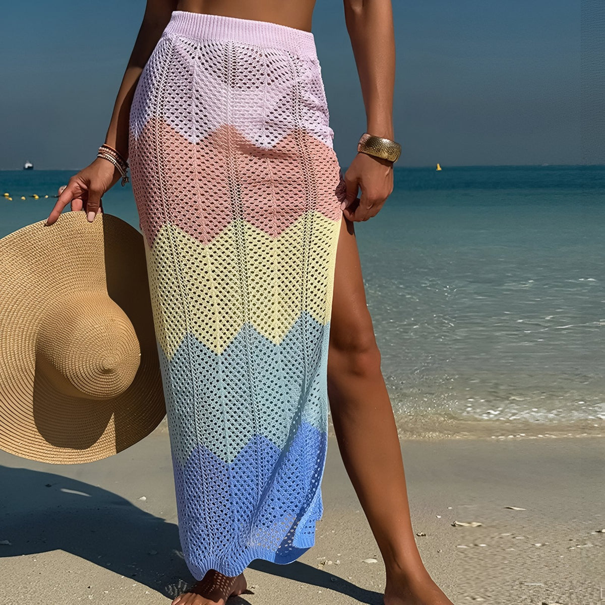 Jupe Plage Crochet Longue et Fendue portée à la main - Multicouleurs