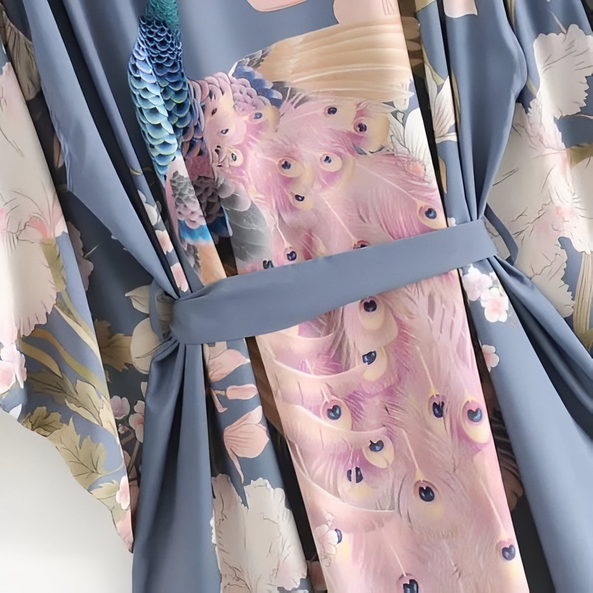 Kimono de Plage Imprimé Floral détail de la ceinture - Bleu