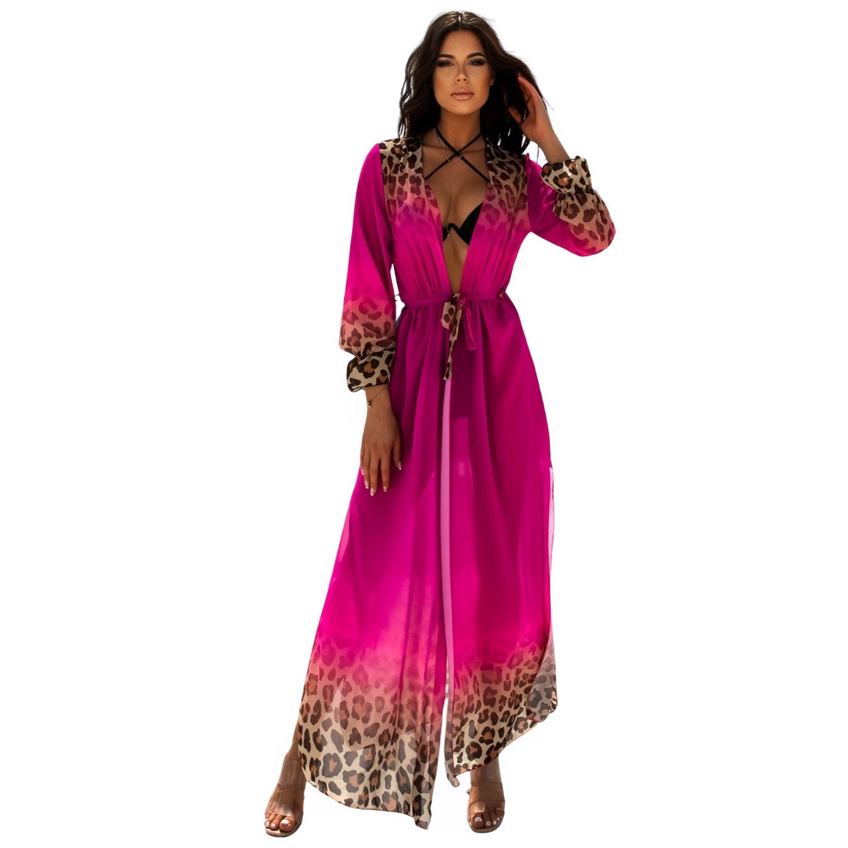 Kimono de Plage Imprimé Leopard - Fuschia - Unique