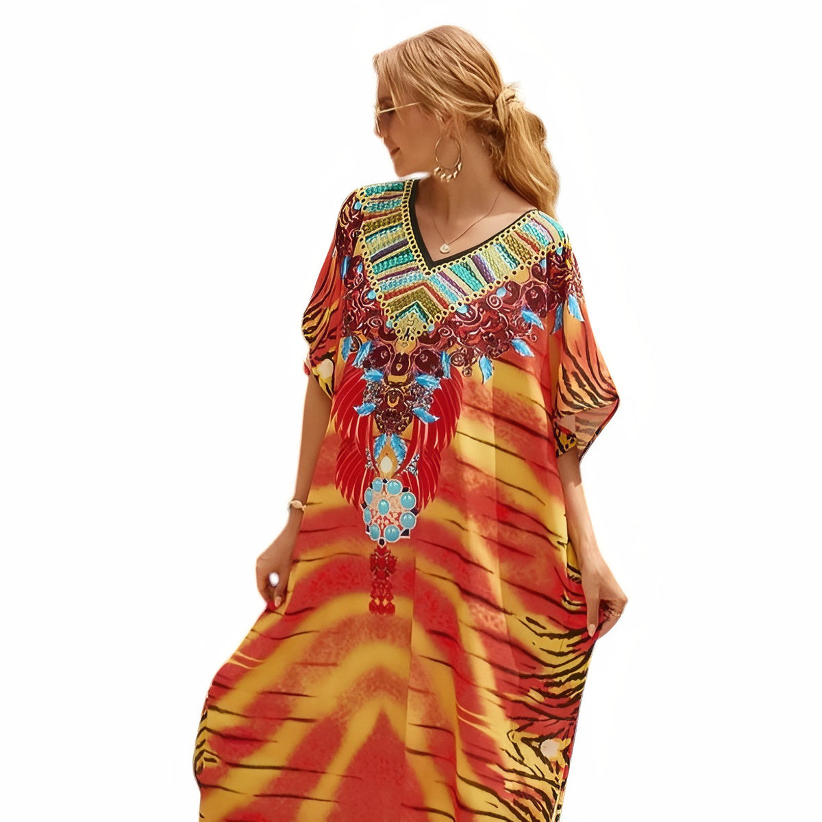 Robe Caftan Africain Imprimé Coloré - Rouge et Orange - Unique