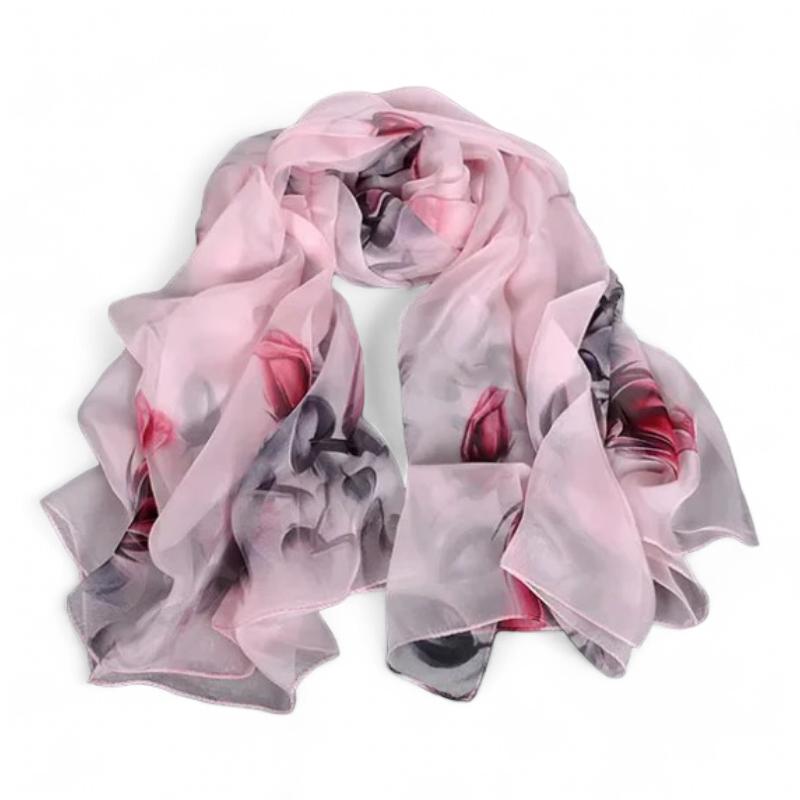 Foulard Femme Soie Imprimée Rose et Gris 175*52cm