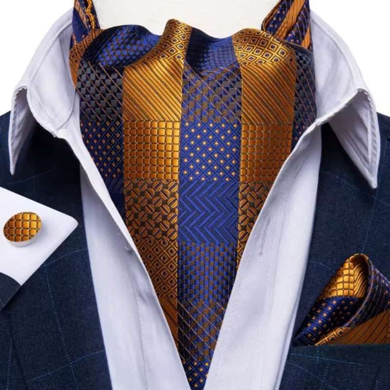 Foulard cravate de mariage bleu et or à motif géométrique