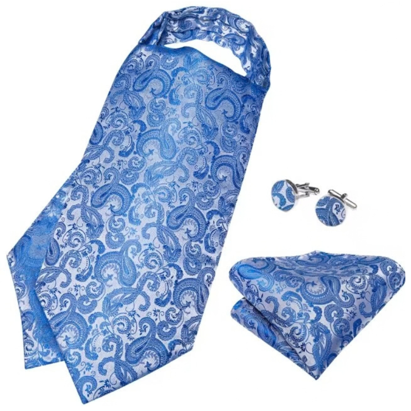Ensemble foulard cravate de mariage bleu paisley avec pochette et boutons de manchette