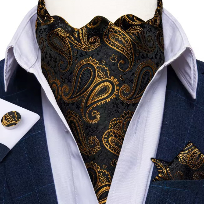 Foulard cravate de mariage noir et or à motif paisley