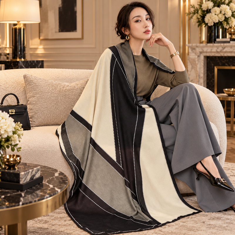Grande Echarpe Châle Femme Beige et Noir portée en intérieur