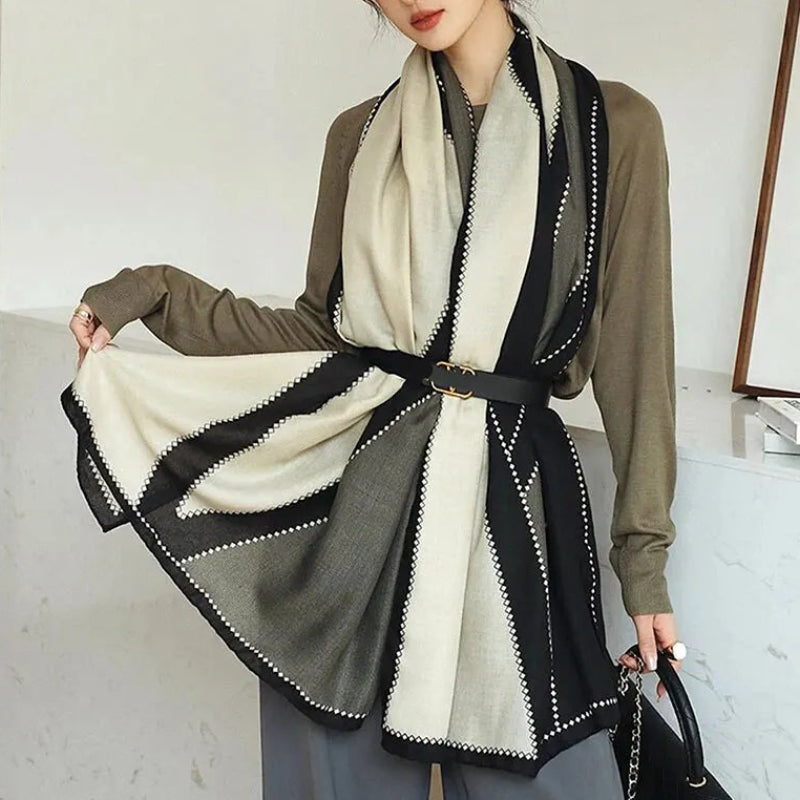 Grande Echarpe Châle Femme Beige et Noir 90*180cm