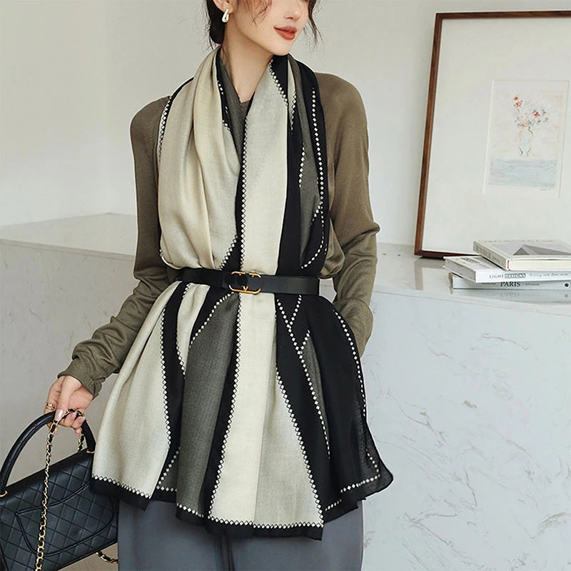 Grande Echarpe Châle Femme Beige et Noir 90*180cm