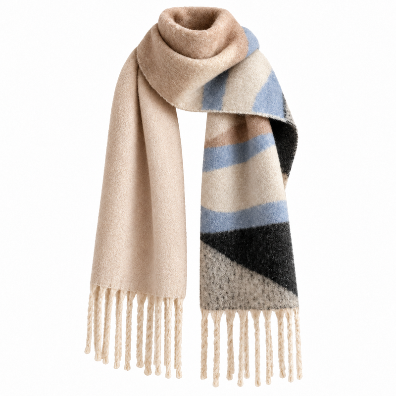 Grosse Écharpe Femme Hiver - Beige et Bleu