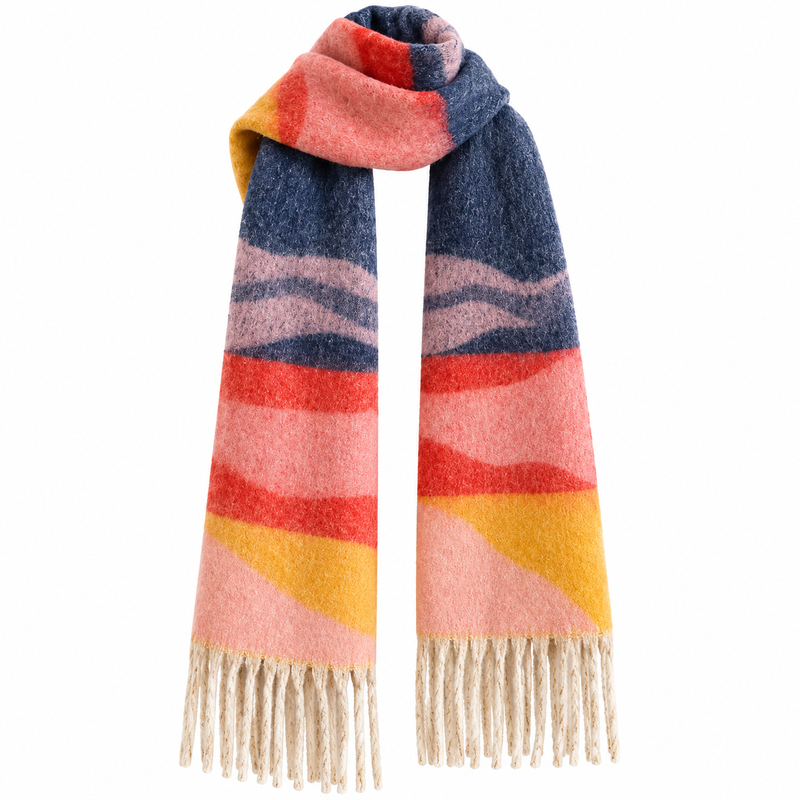 Grosse Écharpe Femme Hiver - Bleu et Corail