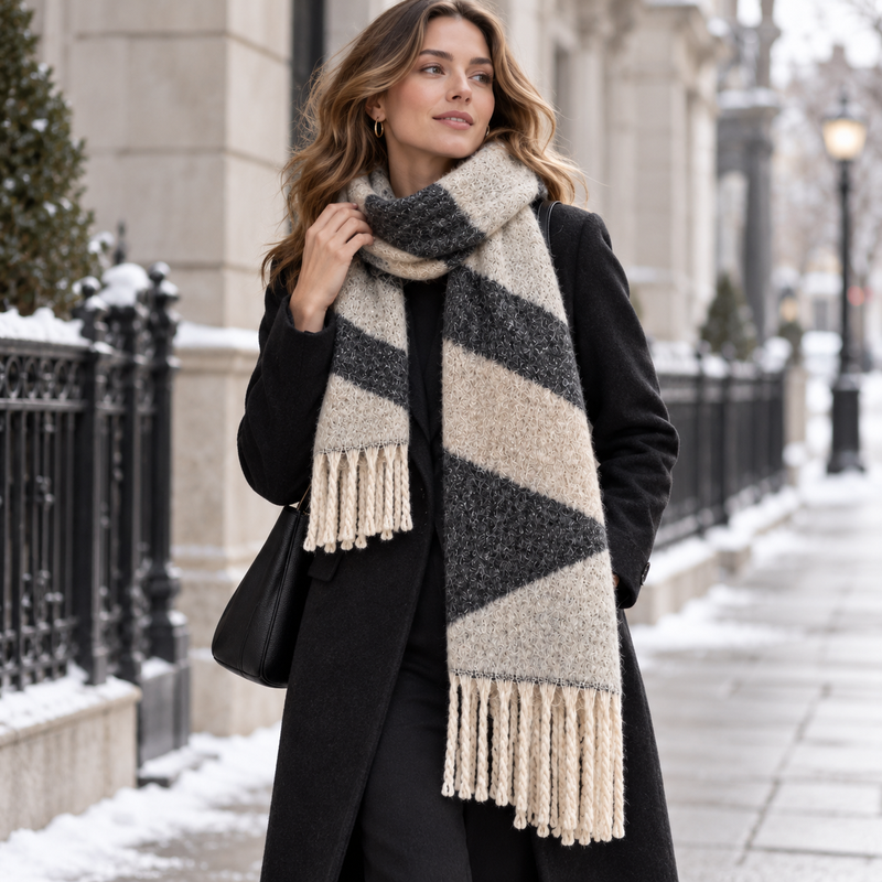 Grosse Écharpe Femme Hiver - Gris et Beige - portée