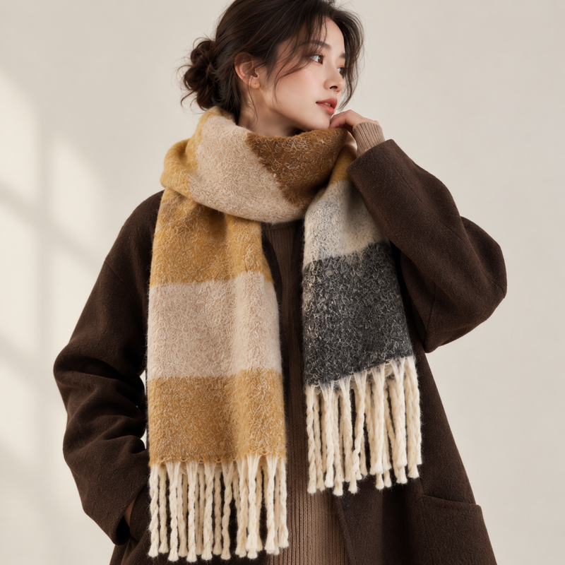 Grosse Écharpe Femme Hiver - Moutarde et Gris - portée