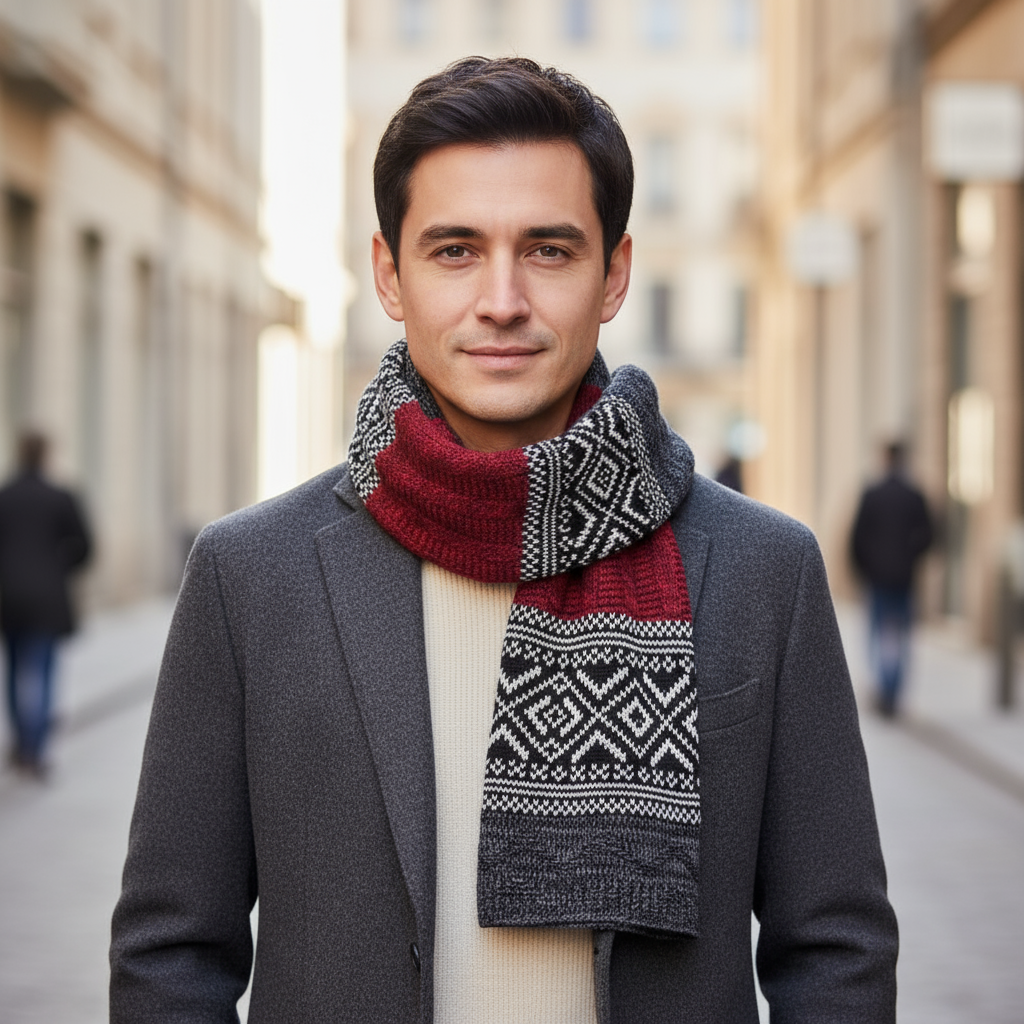 Echarpe Homme Motif Jacquard portée autour du cou - Bordeaux et Charbon - Bleu et Bordeaux - Marron et Jaune - Bleu et Gris - Bleu Marine et Rose Poudré