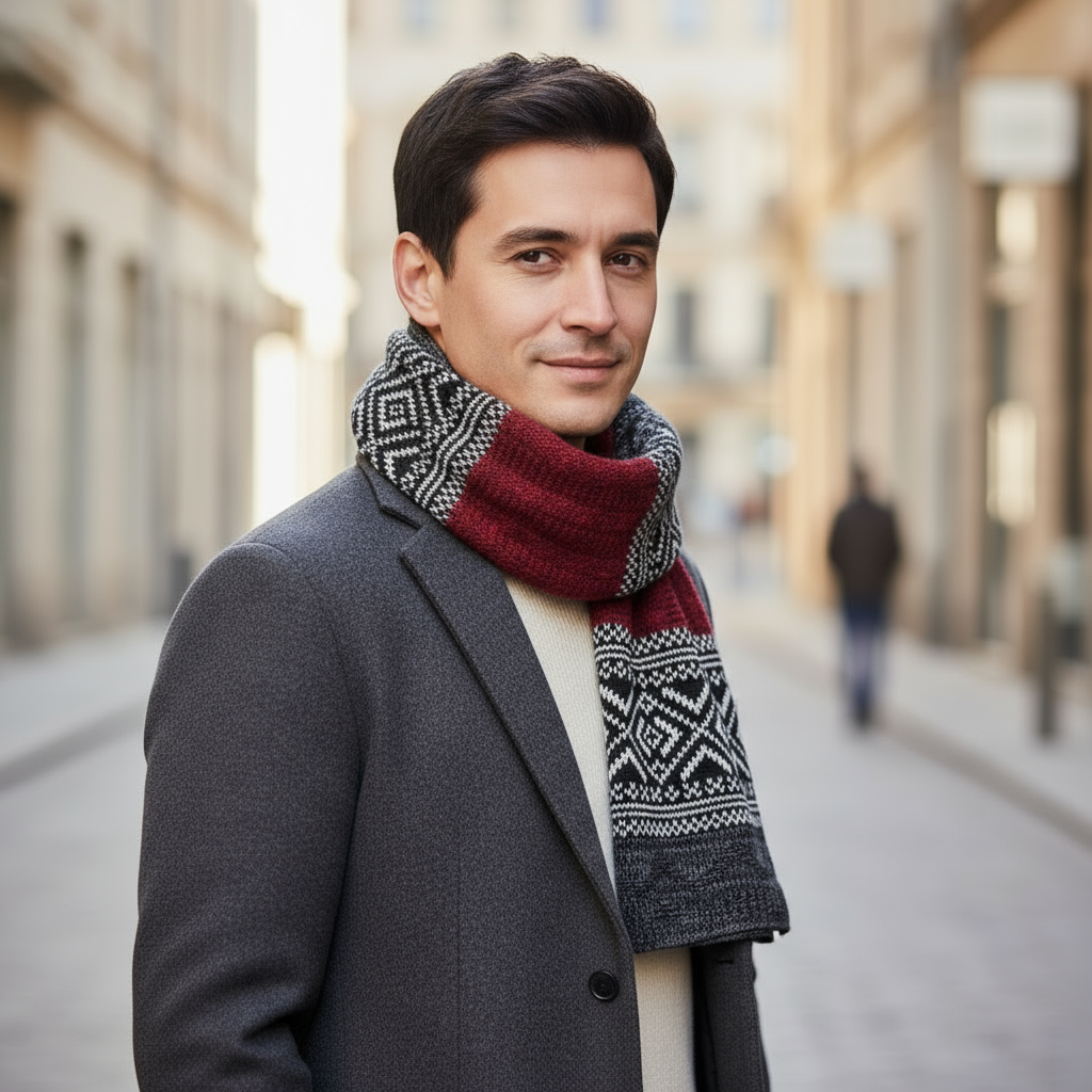 Echarpe Homme Motif Jacquard portée autour du cou - Bordeaux et Charbon - Bleu et Bordeaux - Marron et Jaune - Bleu et Gris - Bleu Marine et Rose Poudré